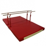 Training parallel bars with folding legs, transport trolleys and custom folding mat